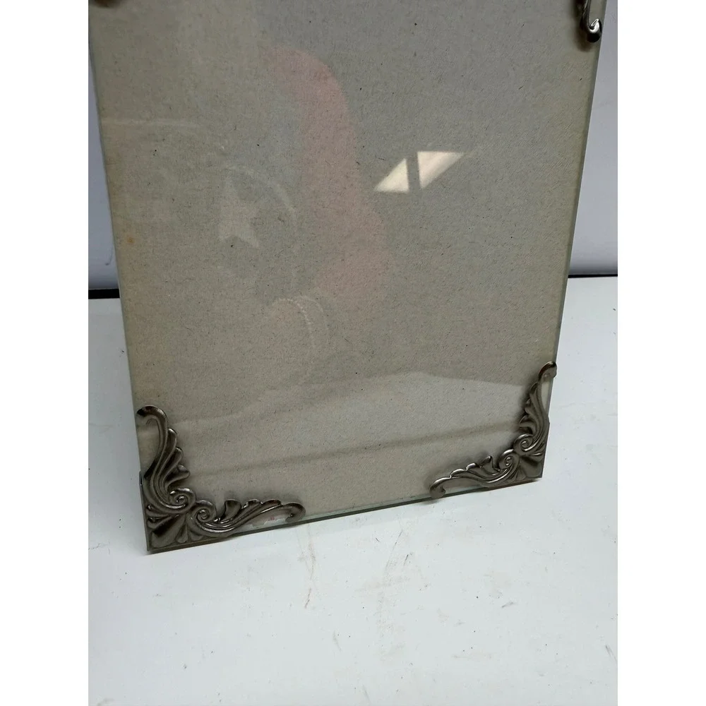 Vintage Glass Picture Frame Silver Scroll Filigree Corners 5x7 Tabletop Easel